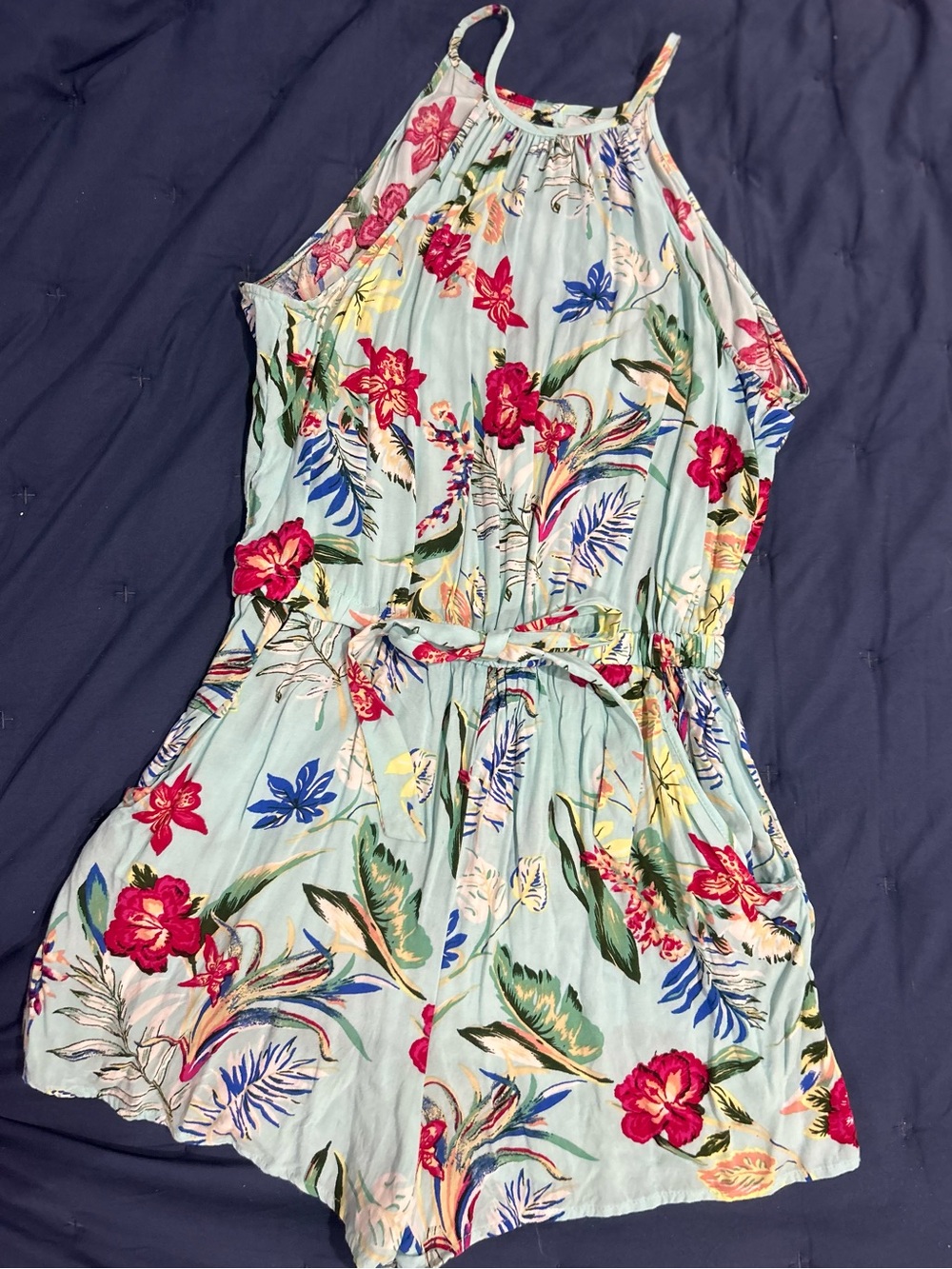 Floral Halter Romper in Light Aqua with Pink & Blue Flowers